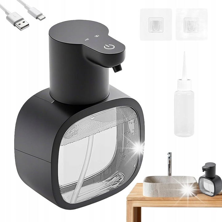 Automata szappanadagoló, 500 ml, fekete, USB-C töltéssel, 4 adagolási szint, teljes készlet