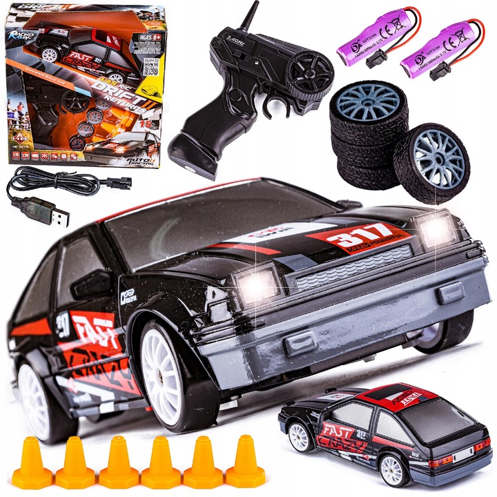 Количка с дистанционно управление HB Toys, дрифт, 1:24, черен цвят, размери 18x8,5x6см, комплект с 6 пакета