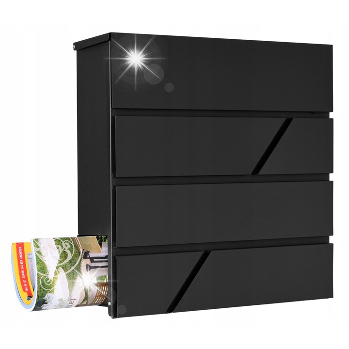 ModernHome TOVE postaláda, fekete, újságtartóval, 37x37x11cm, időjárásálló, kulccsal zárható