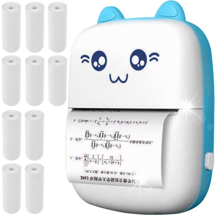 Преносим термопринтер Drukus Mini, дизайн котка, бял и син, 11 ролки хартия включени, размери 11x7,8x3,7см