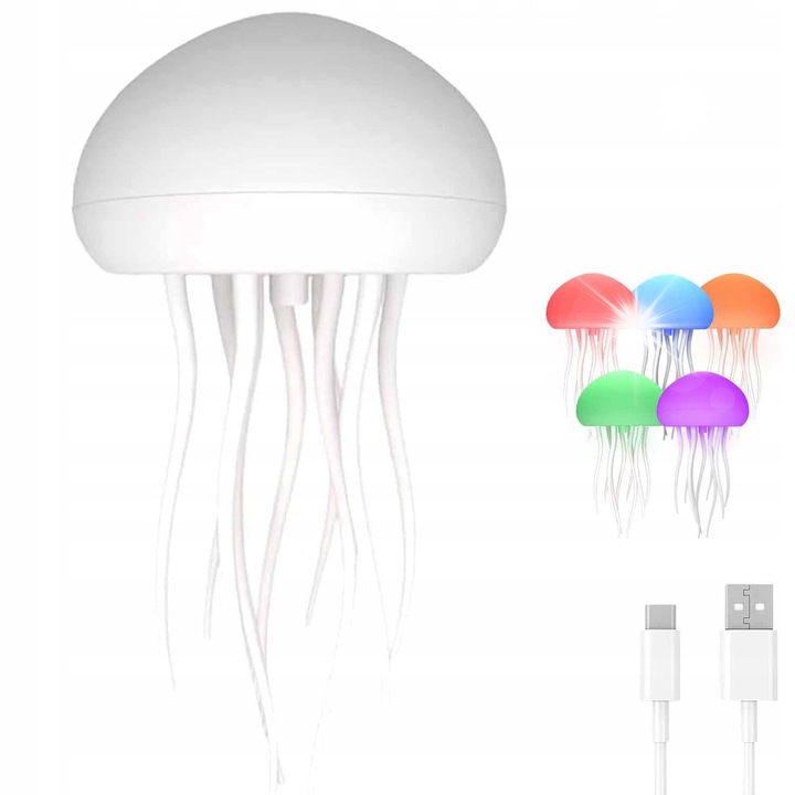 Lampa de veghe meduza, alba, cu lumini LED multicolore, 1000mAh, set complet