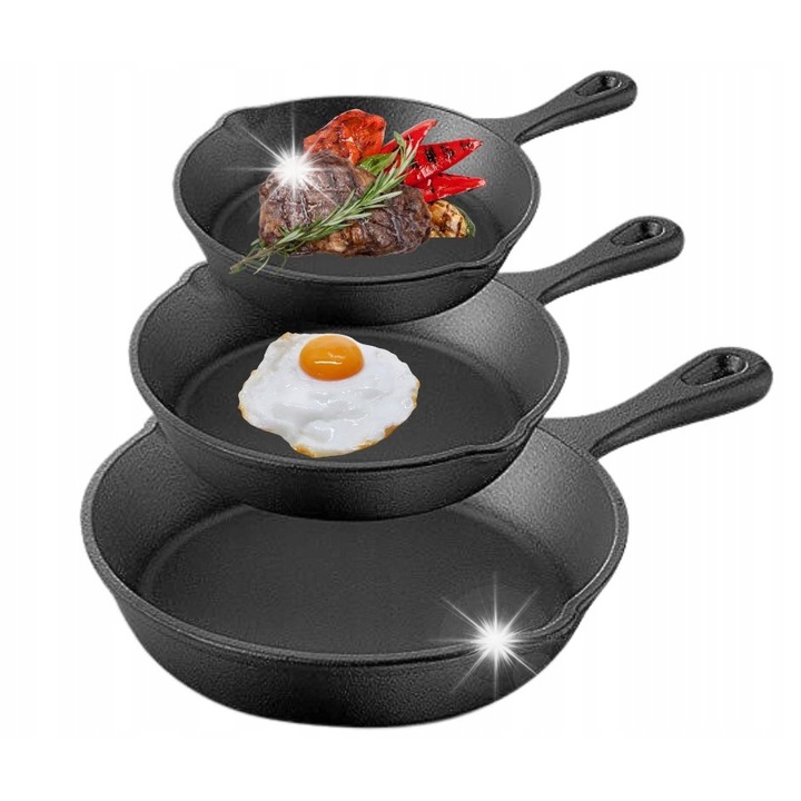 3 db-os öntöttvas serpenyő készlet, 15,5x20,5x25,5cm, fekete, indukciós, gáz, grill