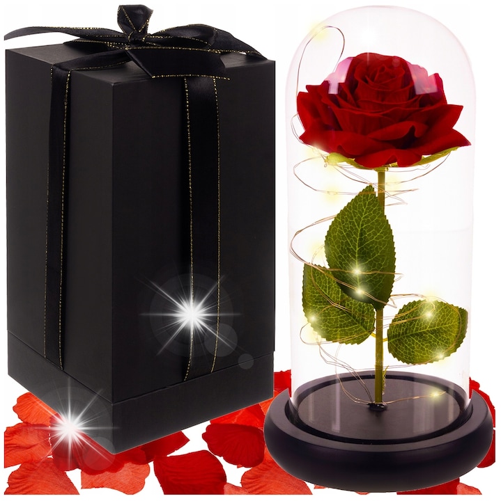 Вечна роза в стъкленица с LED, комплект със 100 листенца от рози, 22x11,5см