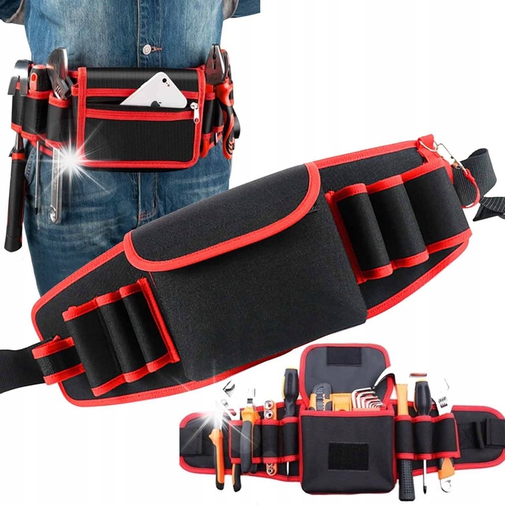 Szerszámöv, piros és fekete, 8 tartóval, állítható méret 108 cm-ig