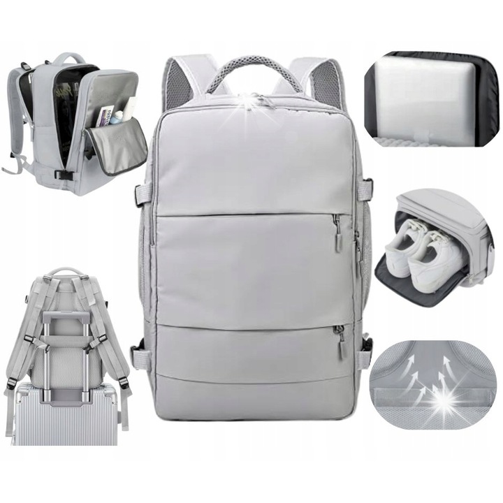 Utazó hátizsák repülőre, szürke, 40x25x20cm, vízálló, laptop rekesszel