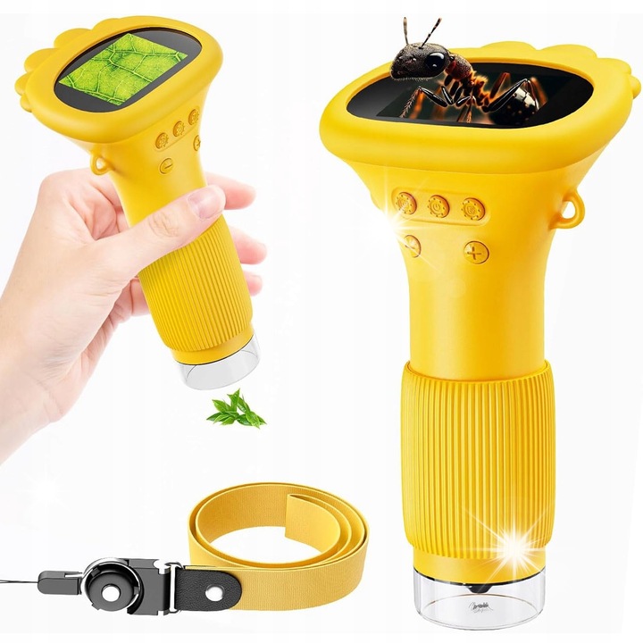 Дигитален микроскоп за деца, жълт, 8x14,4см, с 2-инчов екран и регулируемо LED осветление