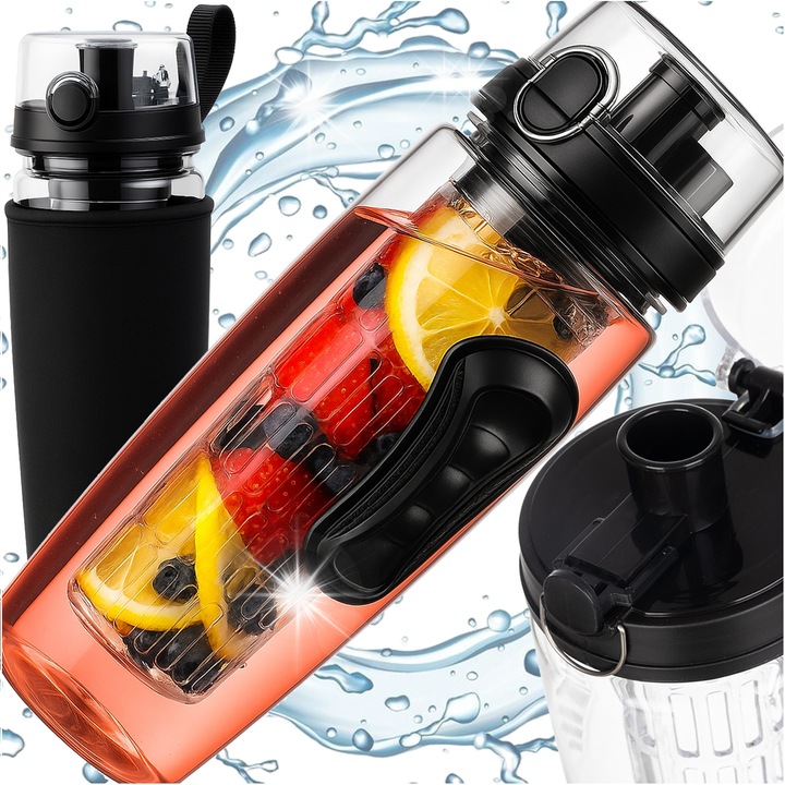 Спортна бутилка Trizand 1L, прозрачна/черна, със 100% уплътнение и поставка за плодове