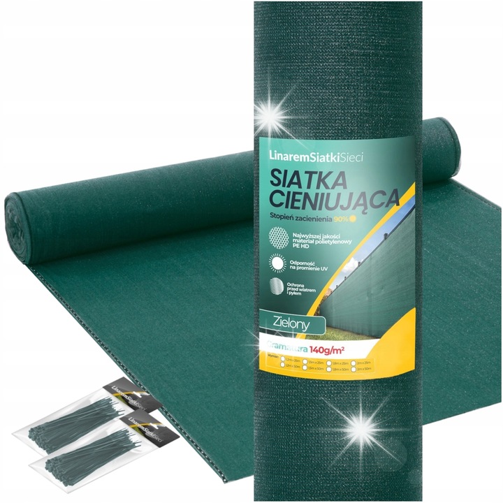 Árnyékoló háló 1,5x50m 90% zöld, 140g/m2, UV védelemmel, 200 rögzítőkapoccsal