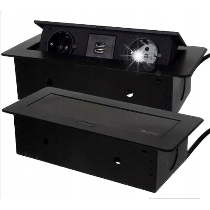 Gniazdo Chovat in Blat cu 2 Gniazda Schuko si 2 USB, Negru, 26,5x12x7cm