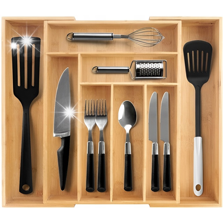 Органайзер за всекидневна, бамбук, разтегателен, 6-8 отделения, 33,5х50см