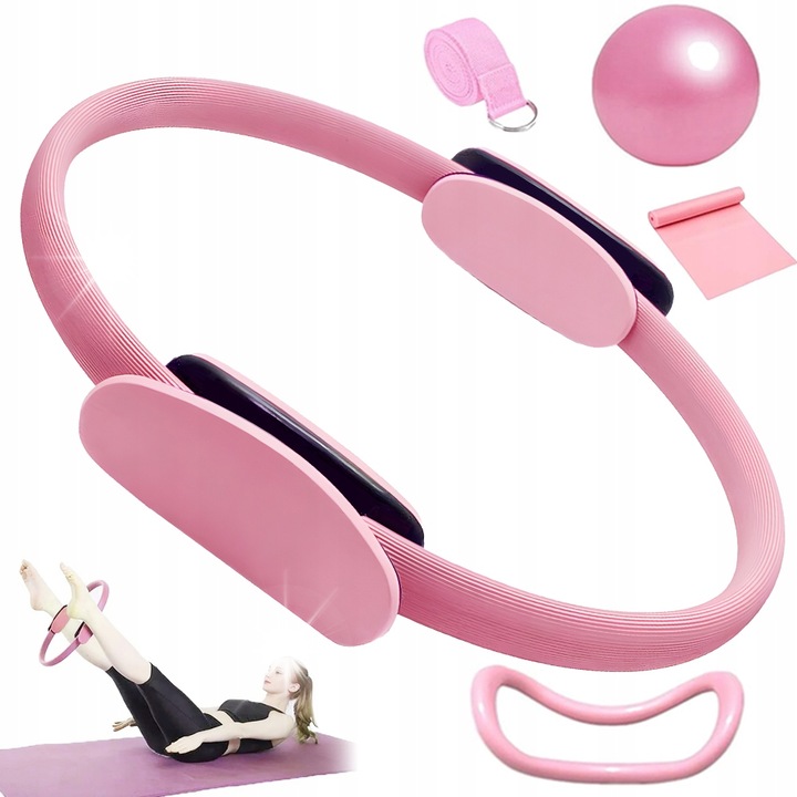 Комплект аксесоари за фитнес Пилатес, розов, обръч за Пилатес 38см, топка за йога 22см, ластична лента 15x150см