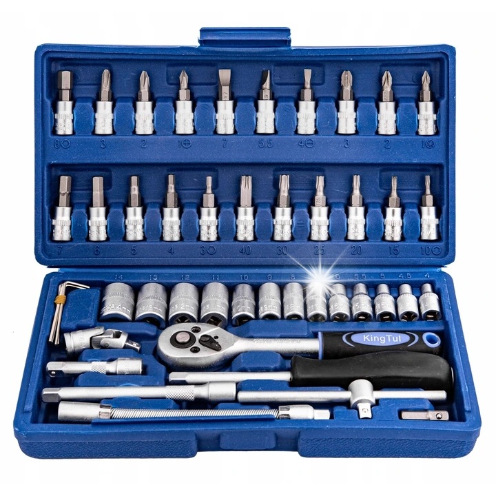 1/4" dugókulcs készlet, KingTul, 46 darab, TORX, HEX, PZ, PH bitekkel, táskában