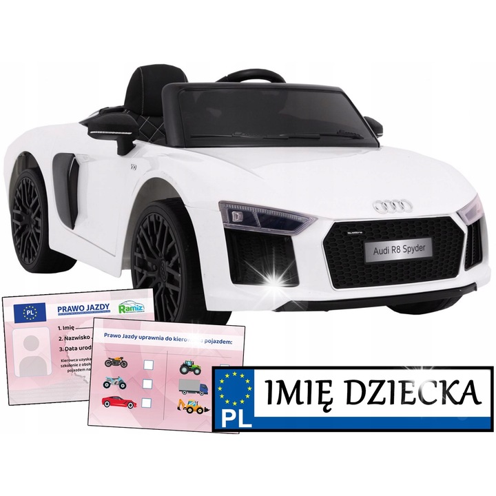 Електрическа кола за деца Ramiz AUDI R8 Spyder, 2 скорости, EVA колела, бяла, 122x68x50см, подаръчен комплект с регистрационна табела и шофьорска книжка.