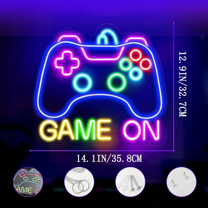 Lampa neon LED pentru camera de jocuri, Bedee, gamepad, 5 niveluri de luminozitate, 12,9x14,1 inch, multicolor