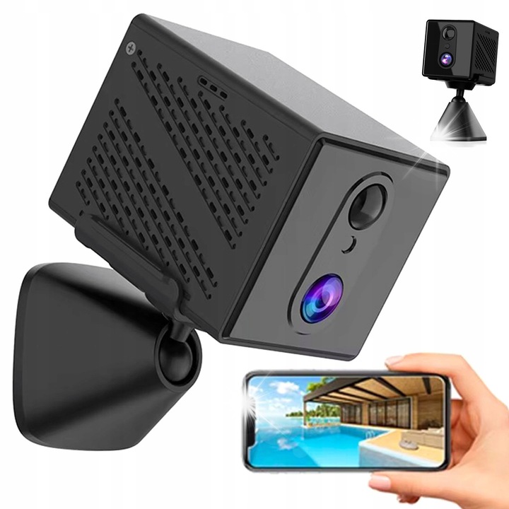 Мини камера за наблюдение 2K QHD, PIR детекция на движение, нощно виждане, черна, пълен комплект