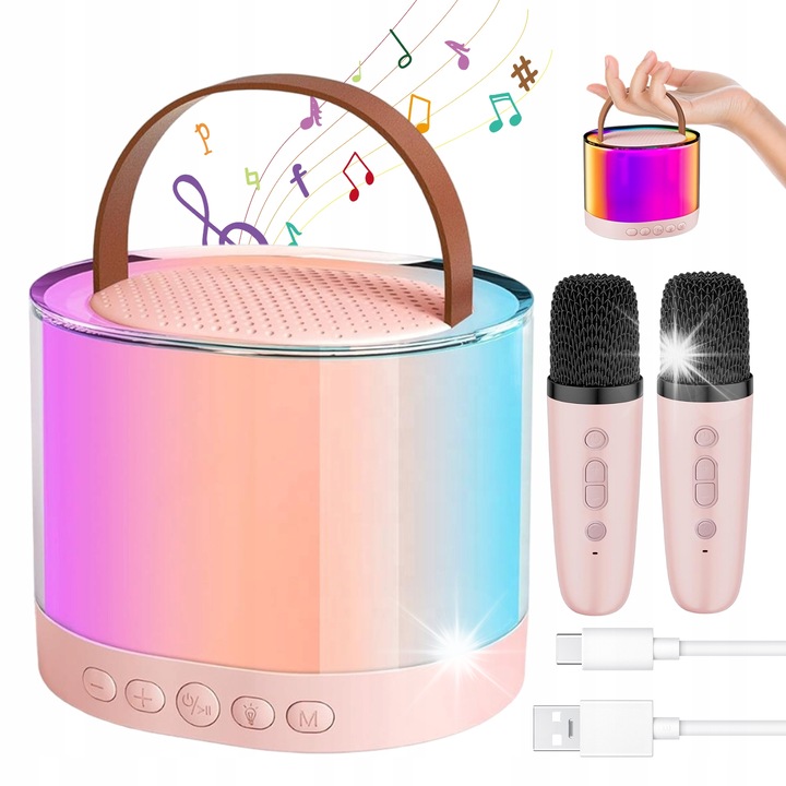 Hordozható karaoke szett, 2 mikrofon, rózsaszín hangszóró, 11,5x10x9,5cm