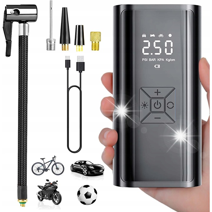 Електрическа въздушна помпа, 6000 mAh, 150 psi, безжична, с манометър, за велосипеди, мотоциклети, автомобили, черна, 16x8x6cm, пълен комплект