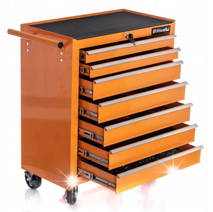 Szerszámrendszerező, 7 fiókos, fém, kerekekkel, teljesen felszerelt, 688 darab