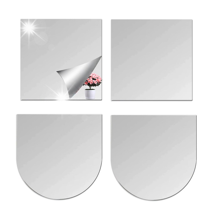 4 db öntapadós akril tükör készlet, 30x30 cm, ezüst, belső dekorációhoz