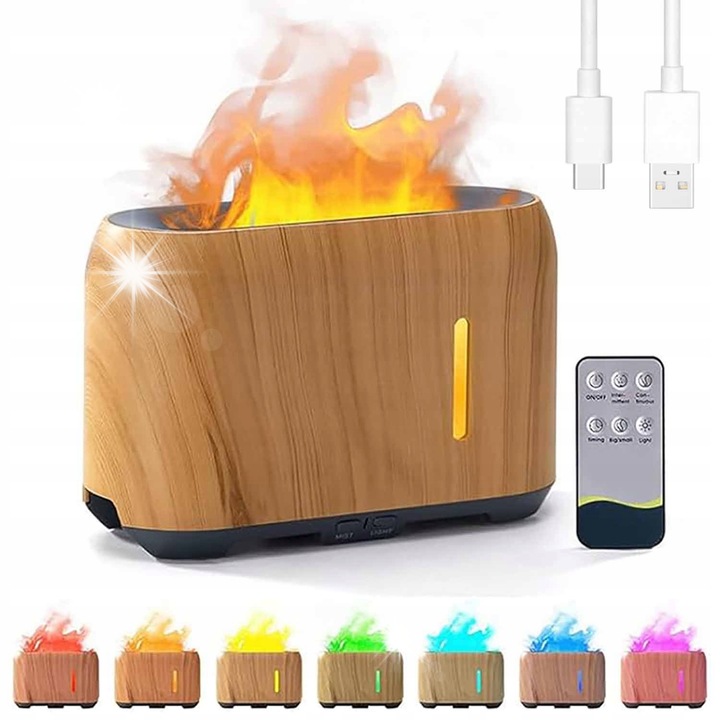 Bedee párásító, illóolaj diffúzor, láng effektus, fa szín, 20x12,8x8cm