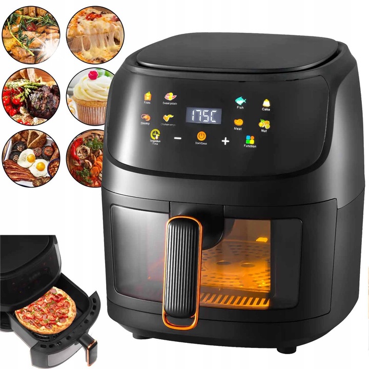 Forrólevegős fritőz, 8L, 1800W, fekete, méretek 27,7x27,7x32,5cm