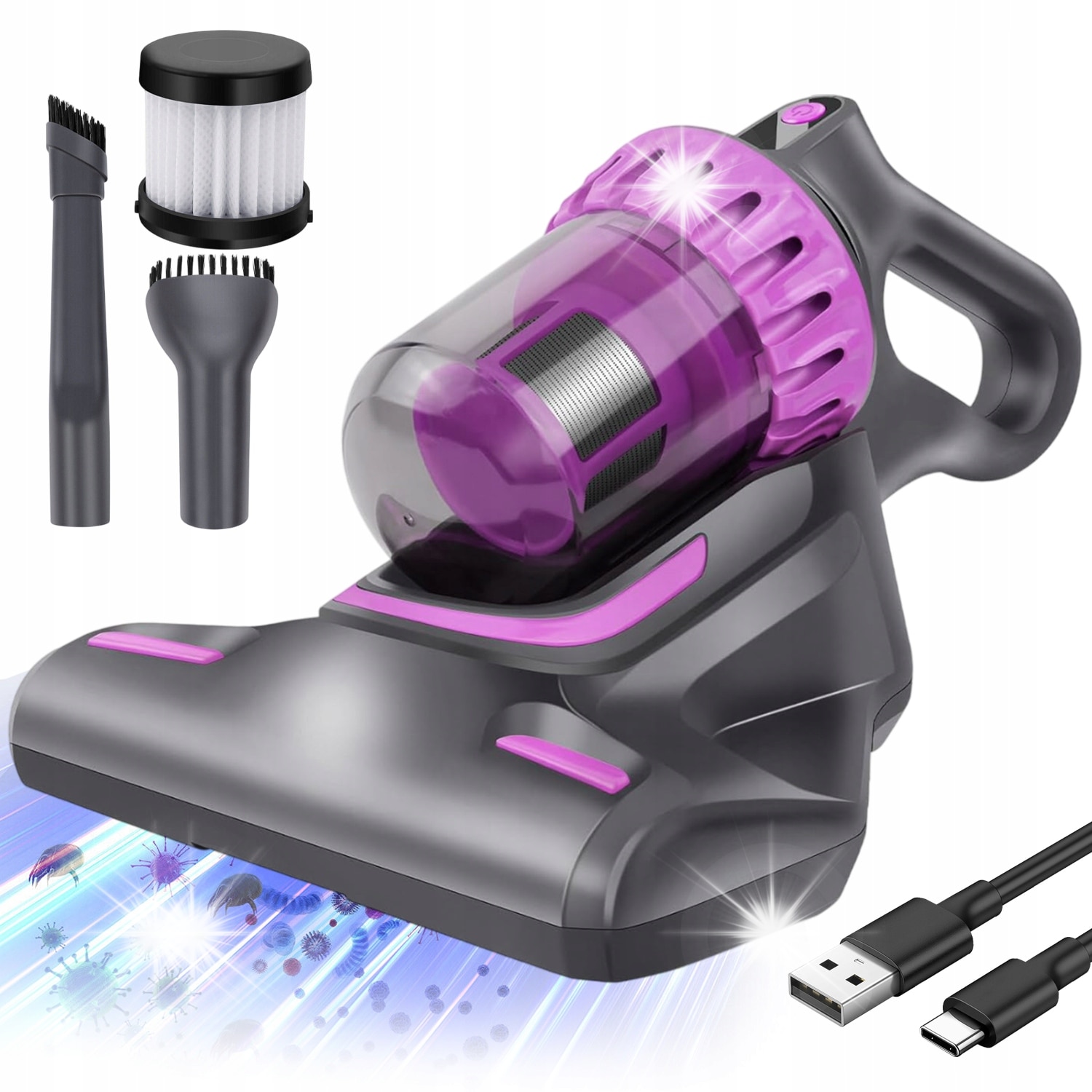 Aspirator fara fir pentru saltele, 100W, functie 3 in 1, protectie UV, gri si mov, 17,5x21,5x29cm