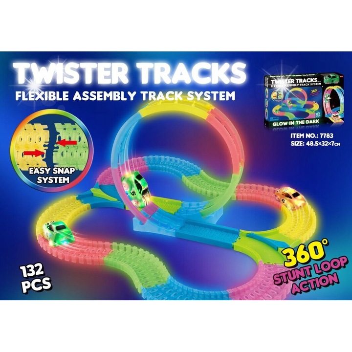 Комплект флуоресцентна писта за деца, Ramiz, 132 елемента, размери 63x66x32см, кола 9x5,5x5см