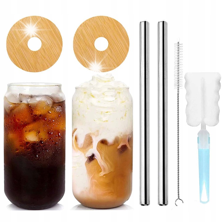 Üvegpohár készlet bambusz fedéllel és rozsdamentes acél szívószállal, 720 ml, átlátszó