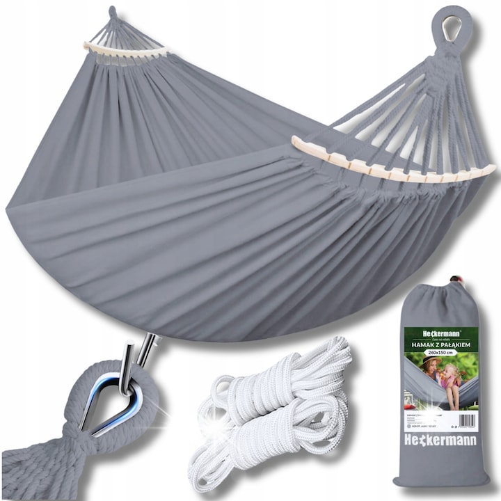 Двоен хамак 240кг със стойка, 260x150см, сив, комплект с чанта и въжета