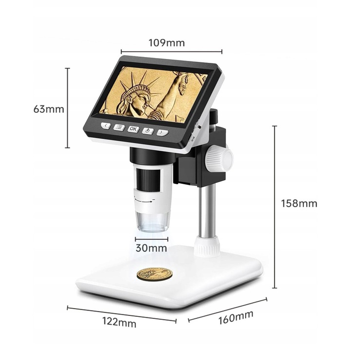 Преносим цифров микроскоп, 1000x, 1080P, 4,3" LCD екран, бял