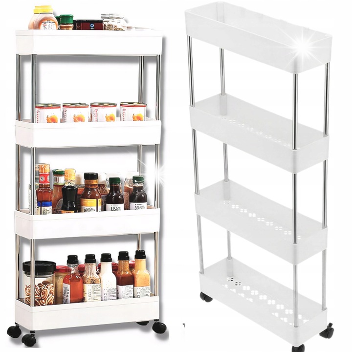 Raft mobil cu roti, 4 polite, alb, 85x38x13cm