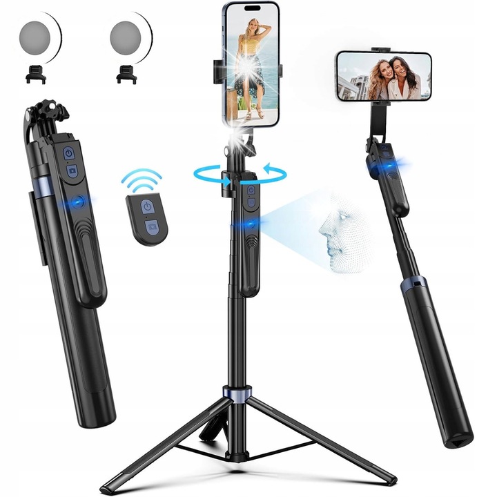 Trepied pentru smartphone cu functie de urmarire 360, lungime ajustabila 32-180 cm, culoare neagra, set complet cu telecomanda si lumini