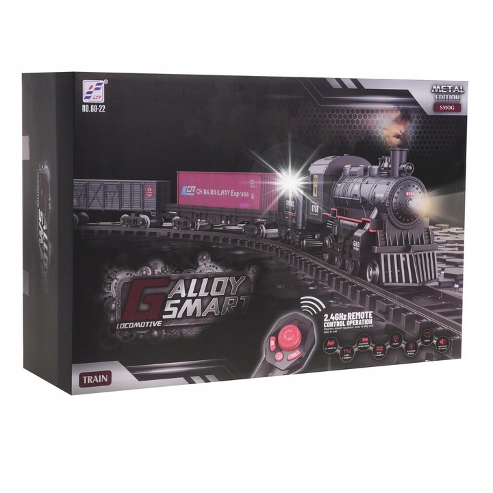 Ramiz játékvonat, retro fém készlet, füstfunkcióval, méretei 74,5x5x7cm, pálya 181x78cm