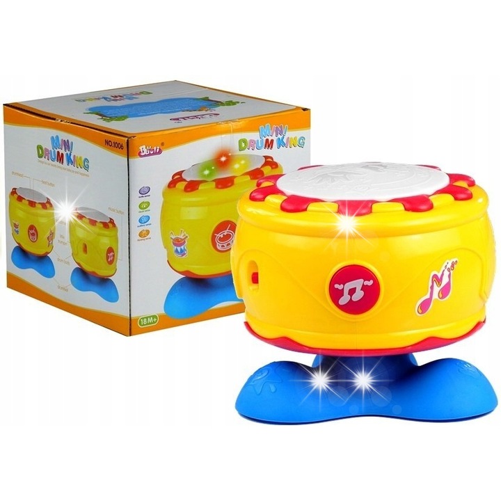 LEAN Toys interaktív zenélő dob, 19 cm, 6 dallam, 3 ütőhangszer hang, hangerőszabályzó