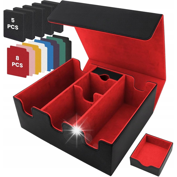 Kártyatároló doboz, piros és fekete, 23,7x26,5x10,4 cm, 6 rekeszes és 1 kis fiókos készlet