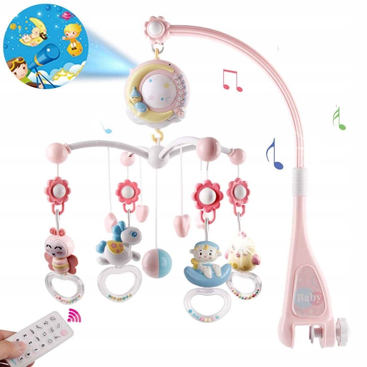 Kiságyforgó, projektorok, távirányítóval, többszínű