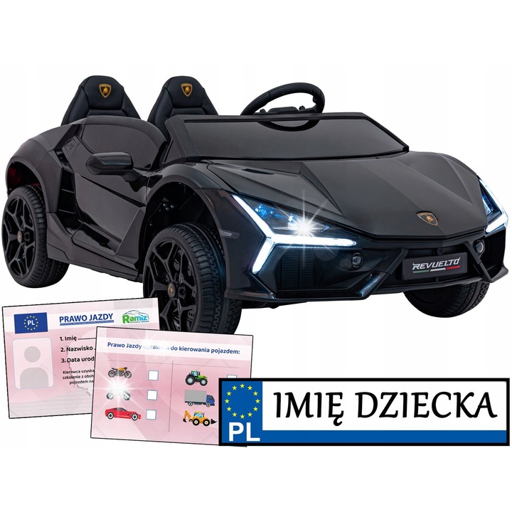 Електрическа кола за деца Ramiz Lamborghini Revuelto XL, 4 мотора, 3-5 км/ч, 132x73x44см, черна