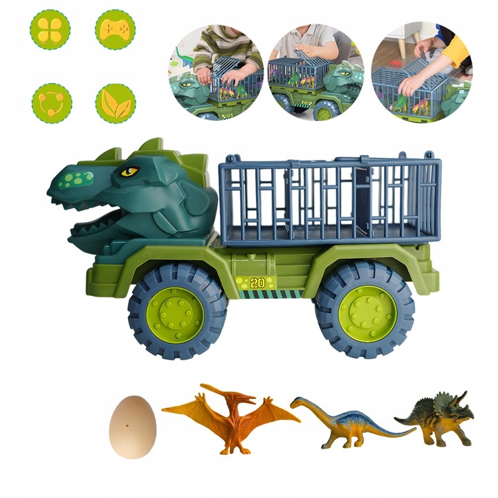 Количка динозавър, Bedee, комплект с 3 фигурки, зелен, 35x14x20см
