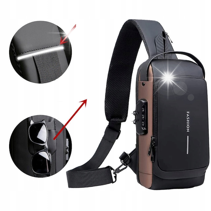 Hátizsák USB töltéssel, fekete arany színű, 21x9x32cm, vízálló, betörésgátló rendszerrel