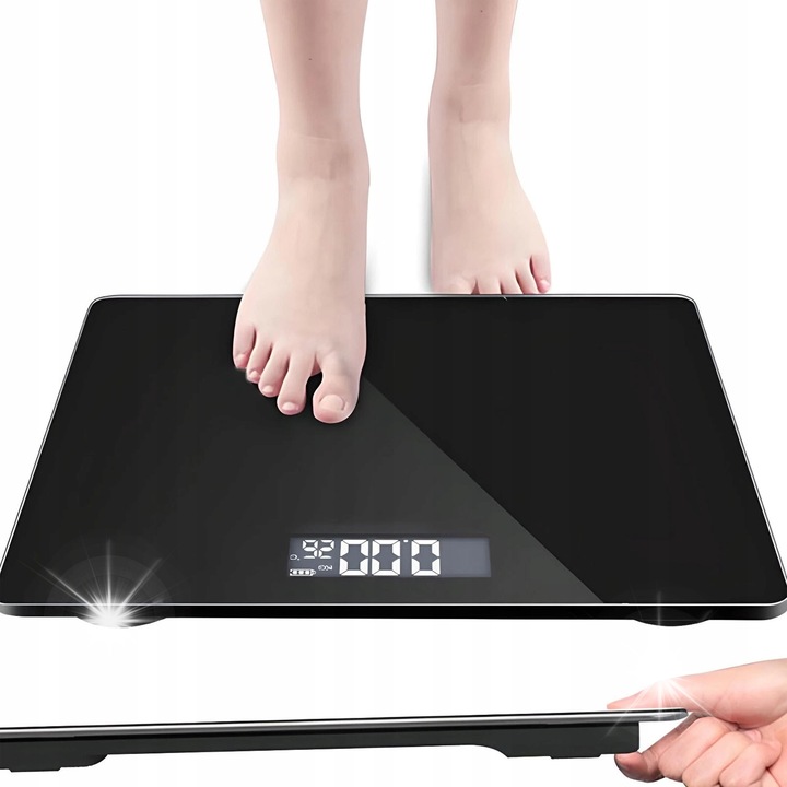 Кантар за тяло, 180кг, 5мм закалено стъкло, LCD, черен, 26x26см
