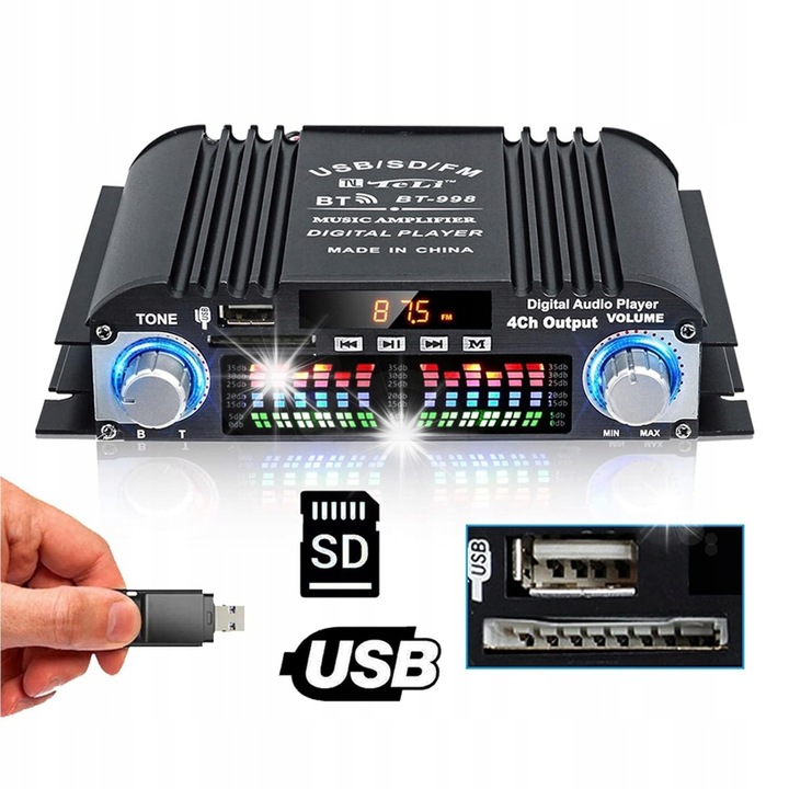 Усилвател за кола 4 канала, BT-998, Bluetooth, FM радио, черен, 17,2x13,5x4,2см