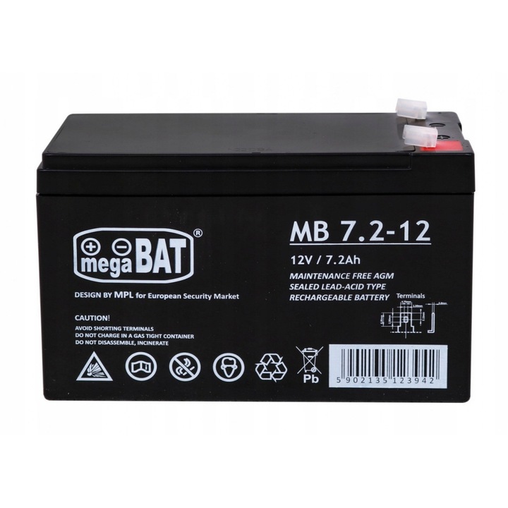 Акумулатор MegaBat 12V 7,2Ah, VRLA AGM, без поддръжка, размери 151x65x94mm