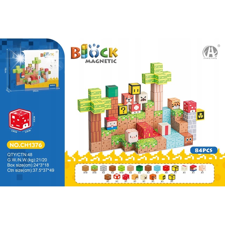 Комплект за конструиране, магнитни блокчета, 84 части, многоцветни