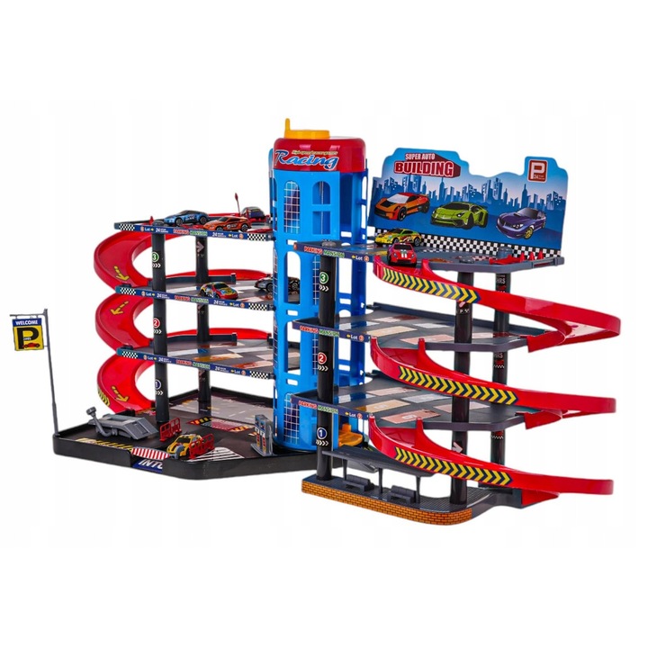 Паркинг на 4 нива, Ramiz, комплект с 8 колички, многоцветен, 93x42x45см