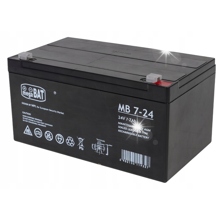 Акумулаторна батерия 24V/7Ah, Megabat, акумулатор за електрически превозни средства, размери 18,5x9,5x10cm, без поддръжка