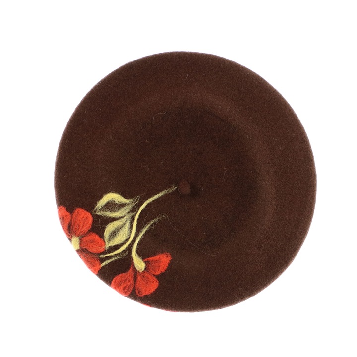 Bereta de dama, din lana, Evita, one size, model floral impaslit, Maro - BSC800