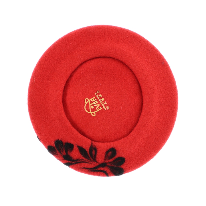 Bereta de dama, din lana, Evita, one size, model floral impaslit, Rosu - BSC803