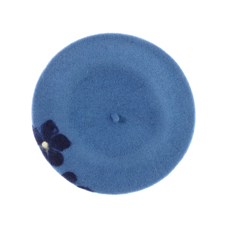 Bereta de dama, din lana, Evita, one size, model floral impaslit, Albastru