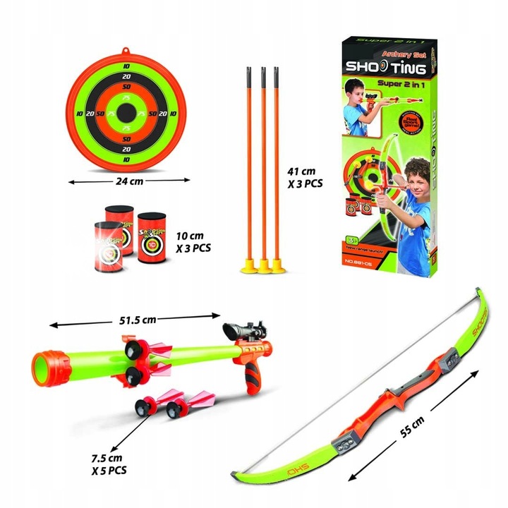 Sportos játékkészlet íjjal és pisztollyal, Ramiz, 2 az 1-ben, céltáblával és nyilakkal, többszínű, íj méretei 54x14x3cm, pisztoly 51x19x4cm