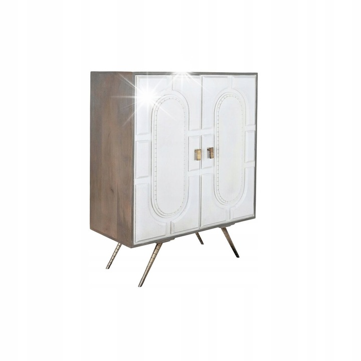 Mangófa komód fehér geometrikus előlappal, 93x41x114 cm, vintage/retro stílus